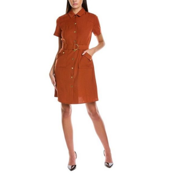 Sharagano Dresses & Skirts - Sharagano Zip Front Belted Shirt Dress in Rust - Size 14